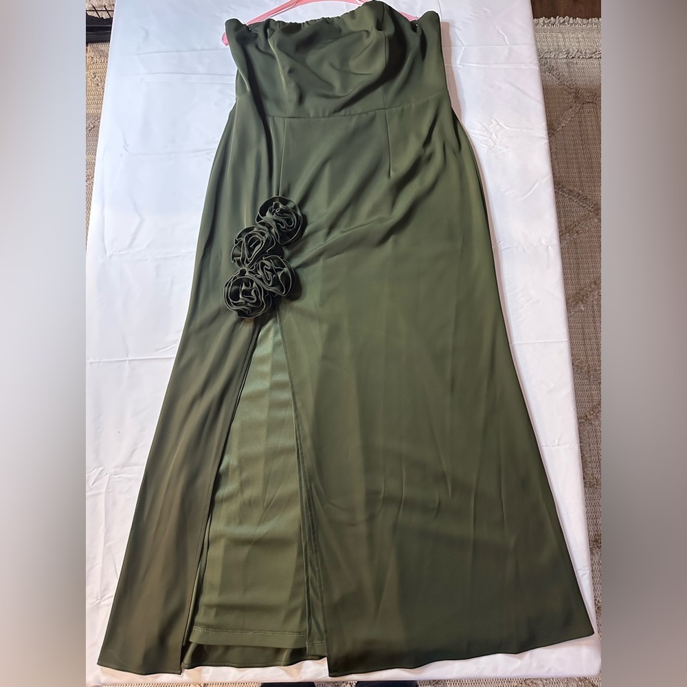 Olive Green Chiffon Maxi Dress with Rosette Detail